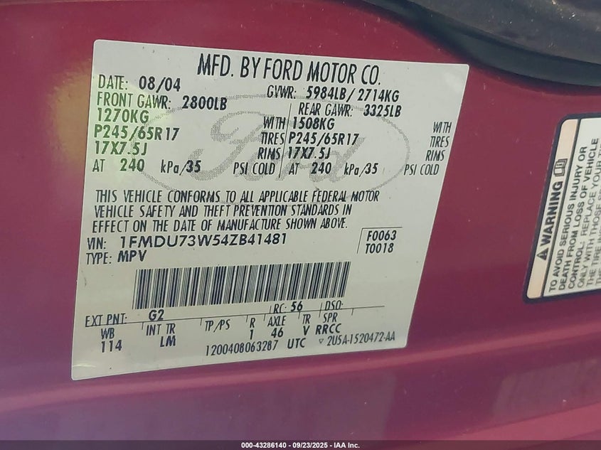 2004 Ford Explorer Nbx/Xlt VIN: 1FMDU73W54ZB41481 Lot: 43286140