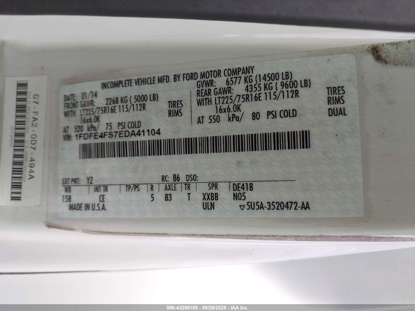 2014 Ford E-450 Cutaway VIN: 1FDFE4FS7EDA41104 Lot: 43286159