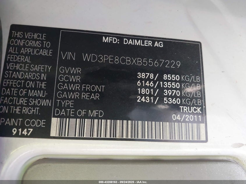 2011 Mercedes-Benz Sprinter 2500 High Roof VIN: WD3PE8CBXB5567229 Lot: 43286163
