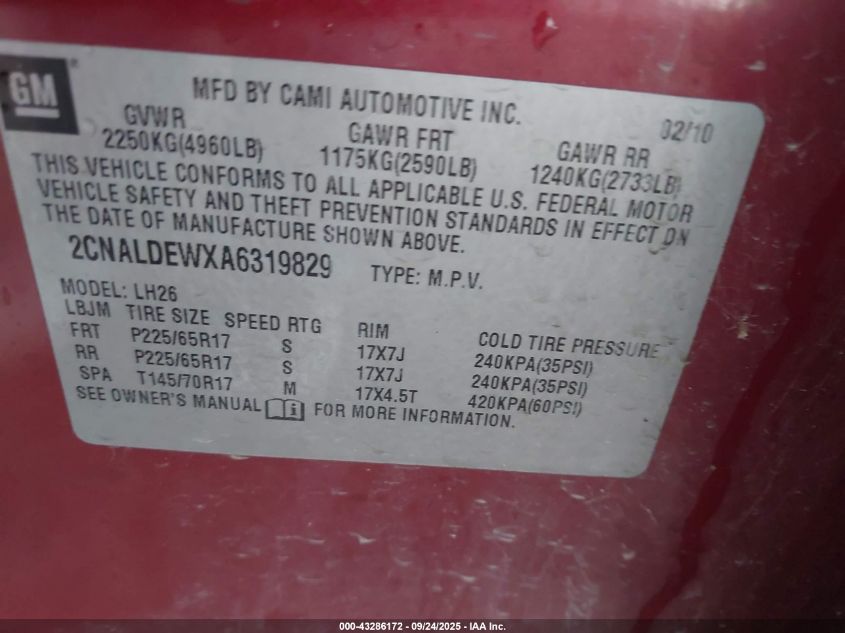 2010 Chevrolet Equinox Lt VIN: 2CNALDEWXA6319829 Lot: 43286172