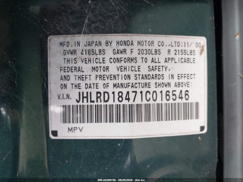 2001 Honda Cr-V Lx VIN: JHLRD18471C016546 Lot: 43286190