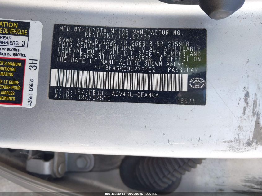 2009 Toyota Camry Le VIN: 4T1BE46K09U273452 Lot: 43286194
