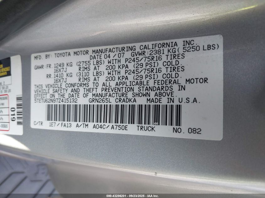 2007 Toyota Tacoma Prerunner V6 VIN: 5TETU62N97Z415132 Lot: 43286201