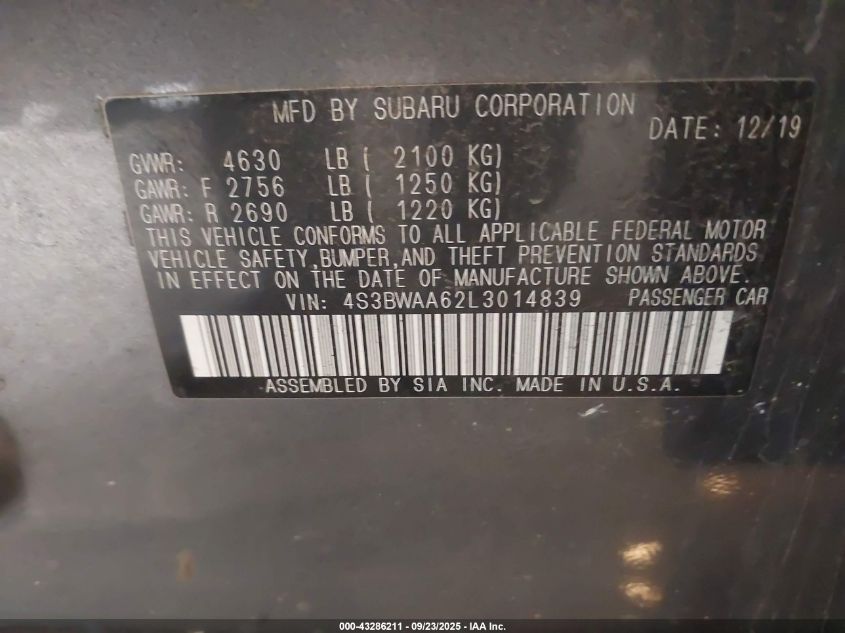 2020 Subaru Legacy VIN: 4S3BWAA62L3014839 Lot: 43286211