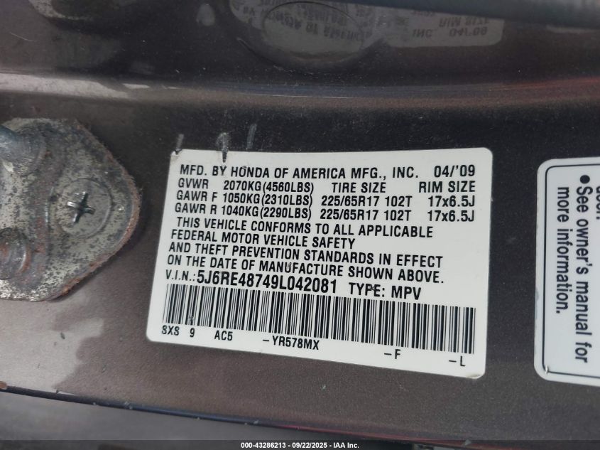 2009 Honda Cr-V Ex-L VIN: 5J6RE48749L042081 Lot: 43286213