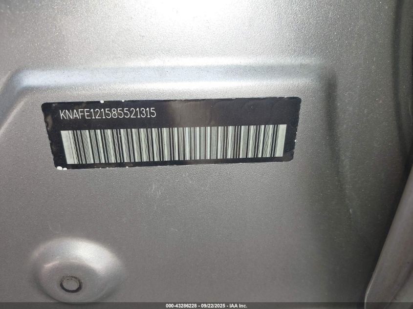 2008 Kia Spectra Ex VIN: KNAFE121585521315 Lot: 43286228