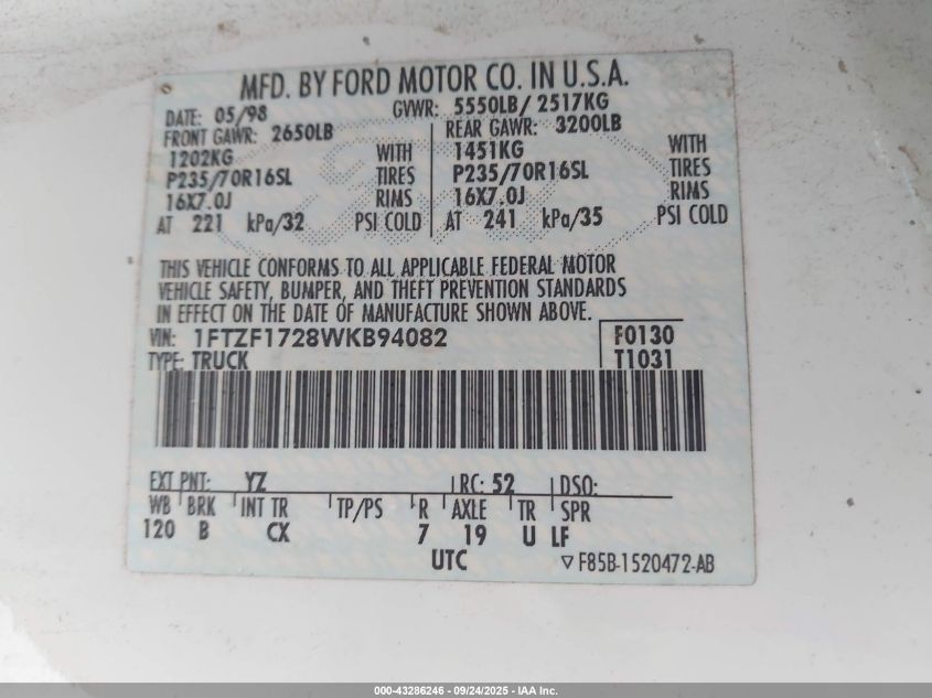 1998 Ford F-150 Standard/Xl/Xlt VIN: 1FTZF1728WKB94082 Lot: 43286246