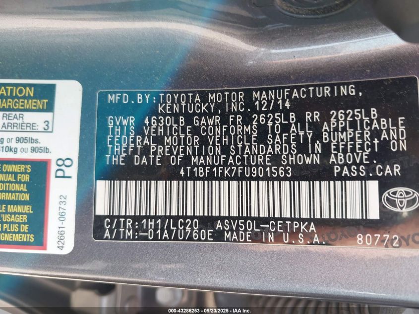 2015 Toyota Camry Xse VIN: 4T1BF1FK7FU901563 Lot: 43286253