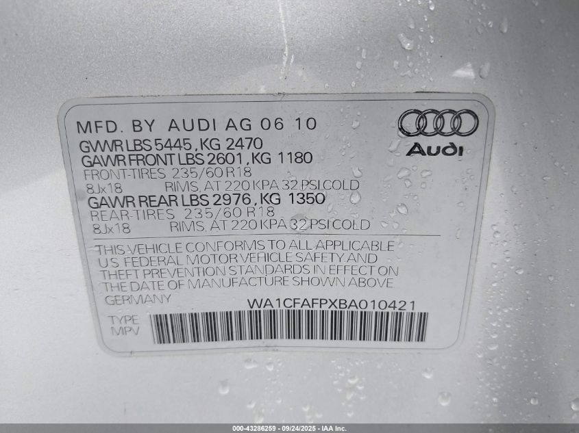 2011 Audi Q5 2.0T Premium VIN: WA1CFAFPXBA010421 Lot: 43286259