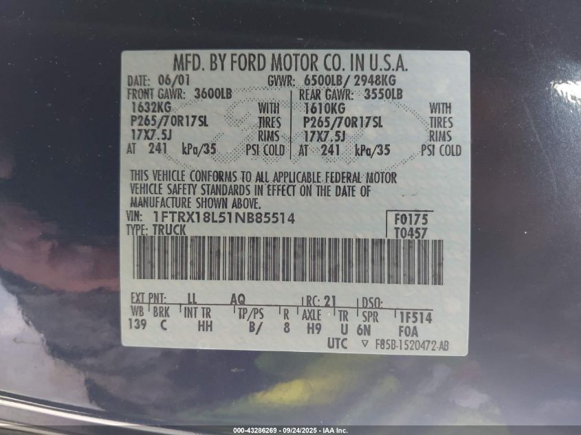 2001 Ford F-150 Lariat/Xl/Xlt VIN: 1FTRX18L51NB85514 Lot: 43286269