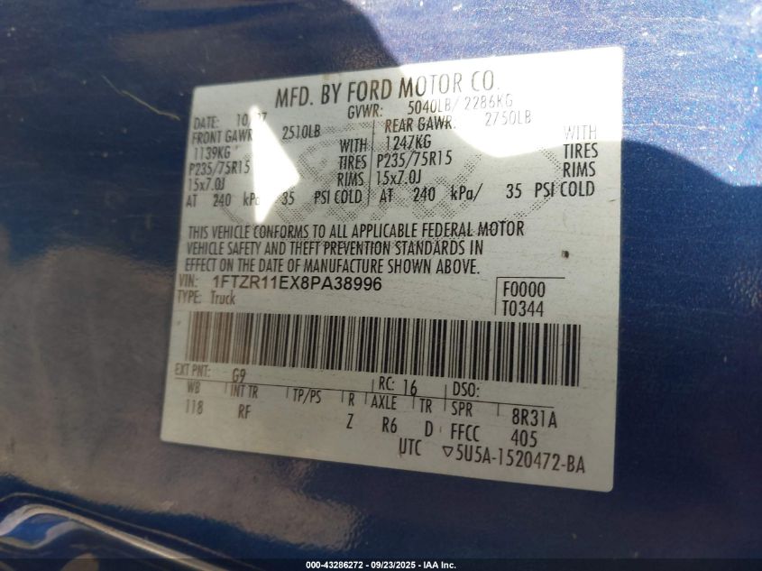 2008 Ford Ranger Xl/Xlt VIN: 1FTZR11EX8PA38996 Lot: 43286272