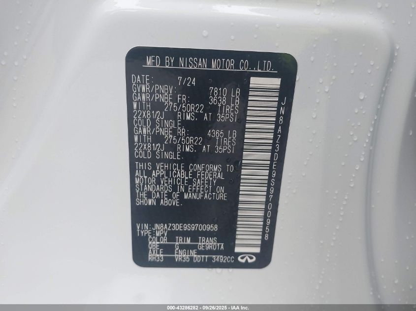 2025 Infiniti Qx80 Sensory Awd VIN: JN8AZ3DE9S9700958 Lot: 43286282