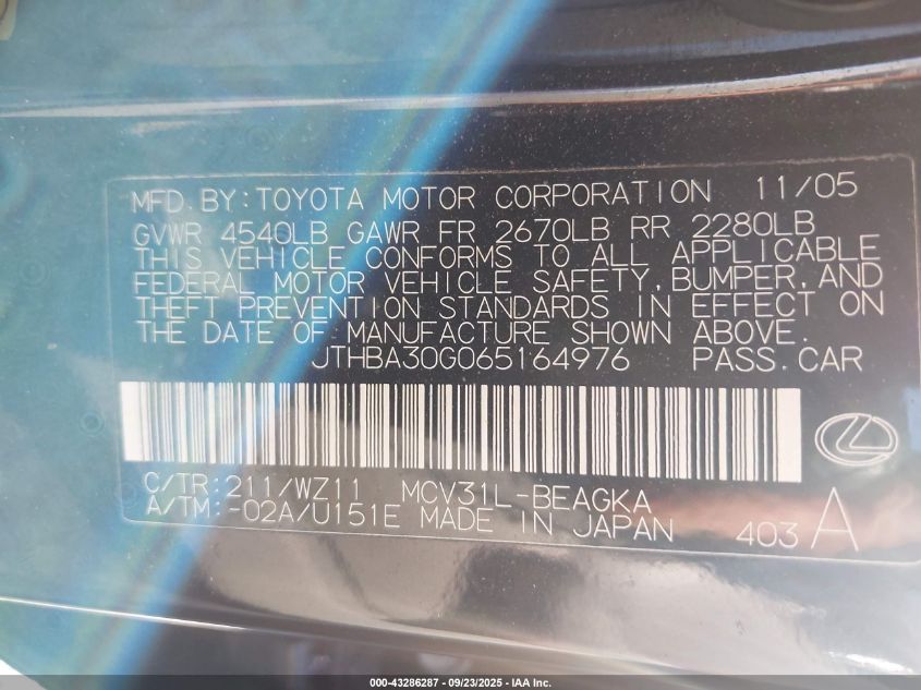 2006 Lexus Es 330 VIN: JTHBA30G065164976 Lot: 43286287