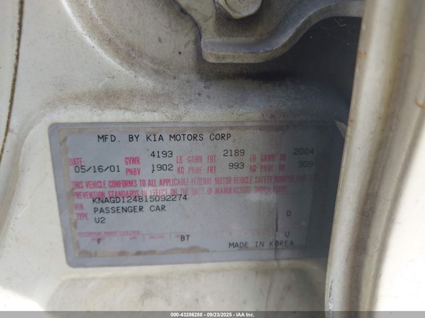 2001 Kia Optima Lx V6/Se V6 VIN: KNAGD124815092274 Lot: 43286288