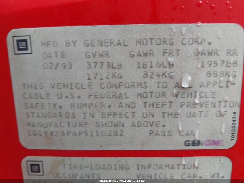 1993 Chevrolet Corvette VIN: 1G1YY23P6P5110282 Lot: 43286292