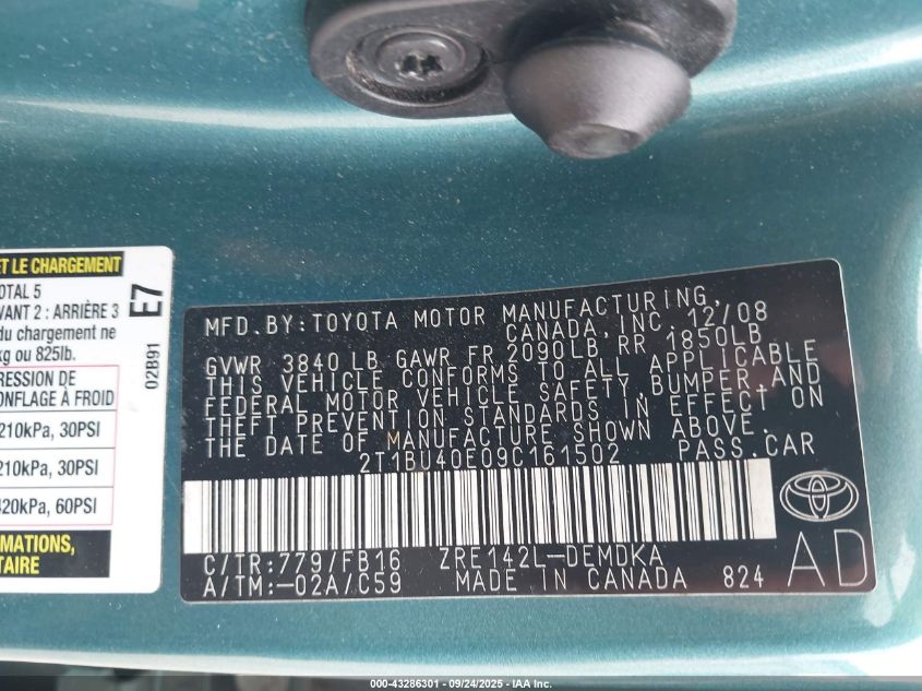 2009 Toyota Corolla VIN: 2T1BU40E09C161502 Lot: 43286301