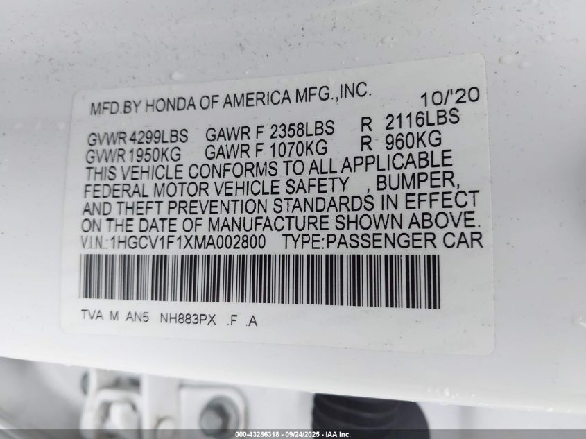 2021 Honda Accord Lx VIN: 1HGCV1F1XMA002800 Lot: 43286318