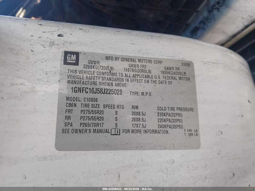 2008 Chevrolet Suburban 1500 Ltz VIN: 1GNFC16J58J225020 Lot: 43286322