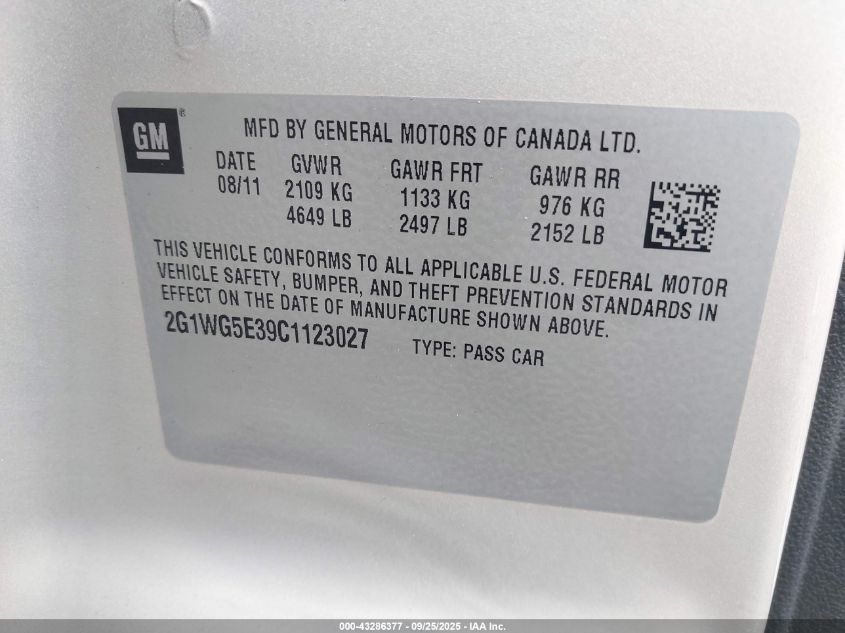 2012 Chevrolet Impala Lt VIN: 2G1WG5E39C1123027 Lot: 43286377