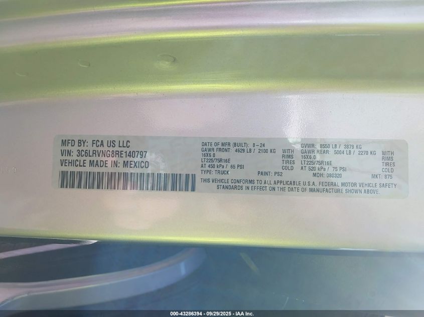 2024 Ram Promaster 1500 Low Roof 118 Wb W/Pass Seat VIN: 3C6LRVNG8RE140797 Lot: 43286394