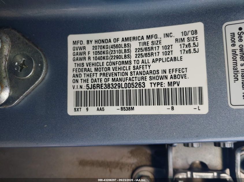 2009 Honda Cr-V Lx VIN: 5J6RE38329L005263 Lot: 43286397