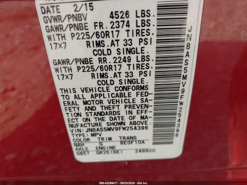 2015 Nissan Rogue Select S VIN: JN8AS5MV9FW254396 Lot: 43286417