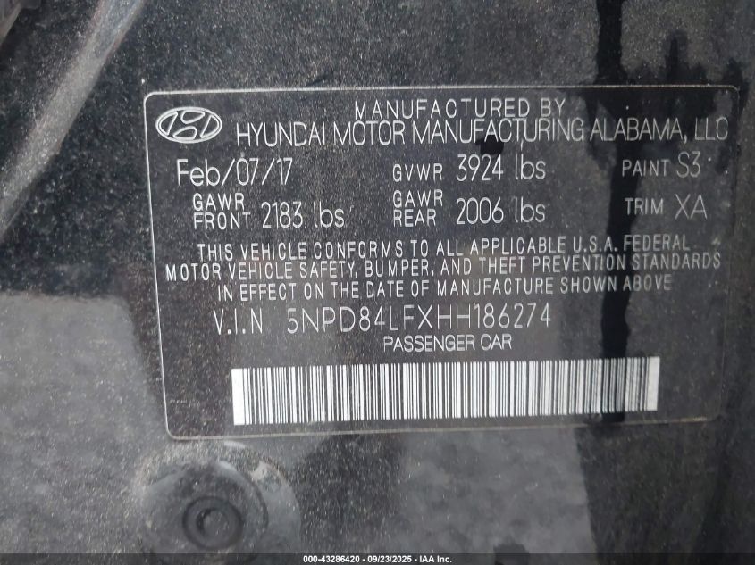 2017 Hyundai Elantra Value Edition VIN: 5NPD84LFXHH186274 Lot: 43286420