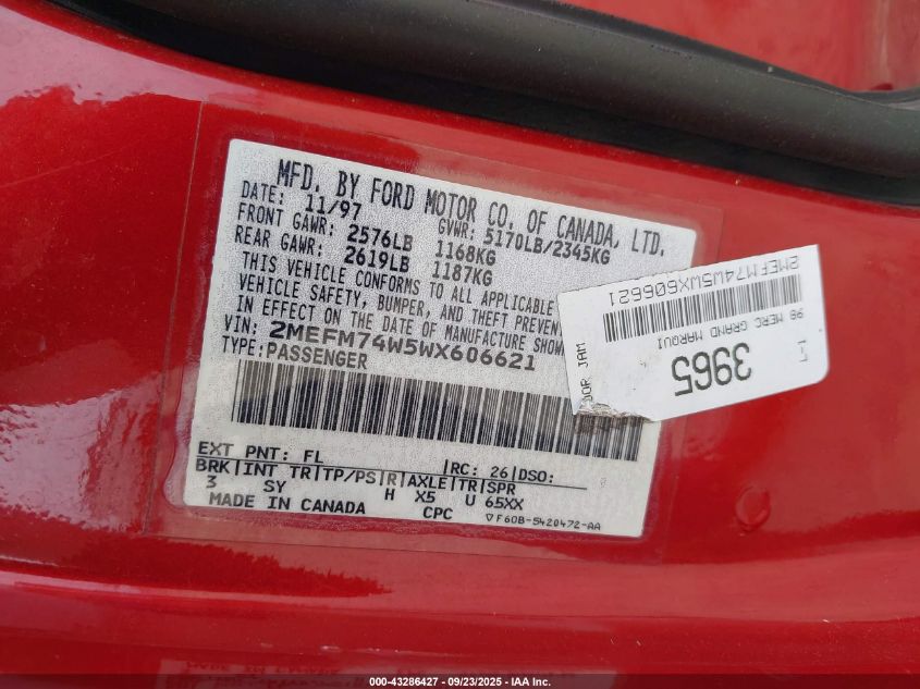 1998 Mercury Grand Marquis VIN: 2MEFM74W5WX606621 Lot: 43286427