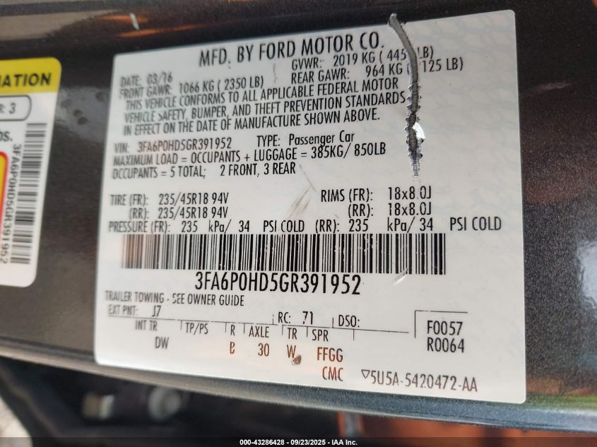 2016 Ford Fusion Se VIN: 3FA6P0HD5GR391952 Lot: 43286428