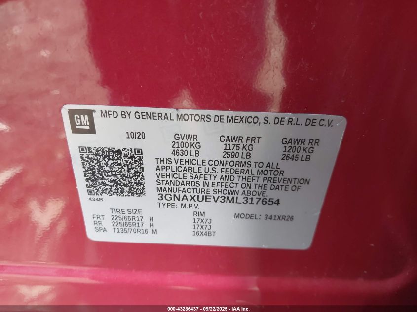 2021 Chevrolet Equinox Awd Lt VIN: 3GNAXUEV3ML317654 Lot: 43286437
