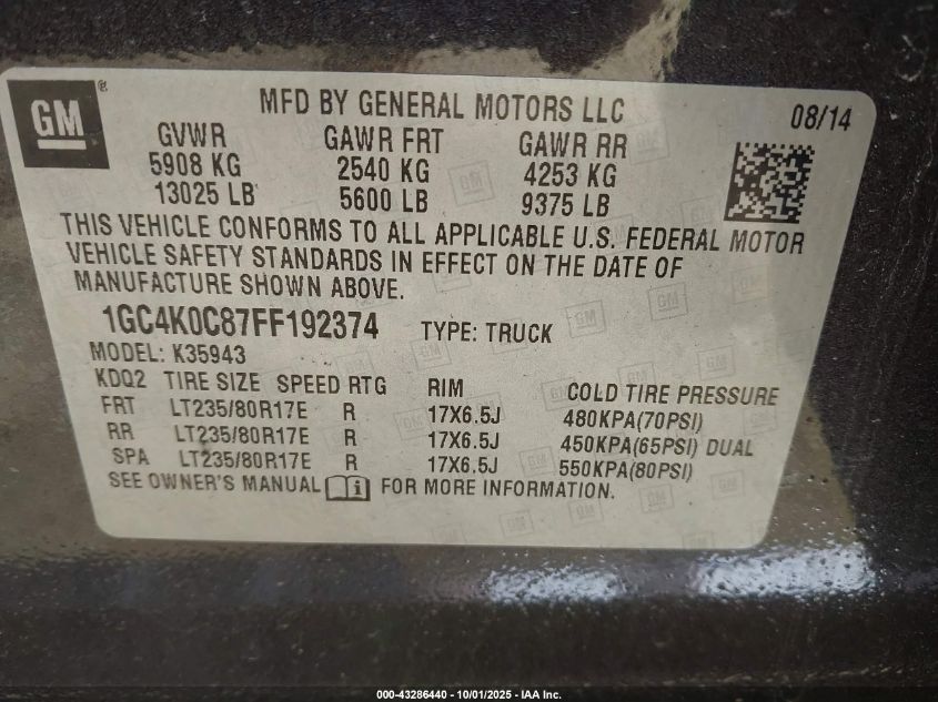 2015 Chevrolet Silverado 3500Hd Ltz VIN: 1GC4K0C87FF192374 Lot: 43286440