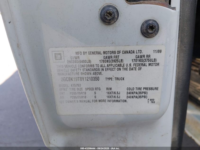 2000 Chevrolet Silverado 1500 Lt VIN: 2GCEK19T8Y1210350 Lot: 43286444