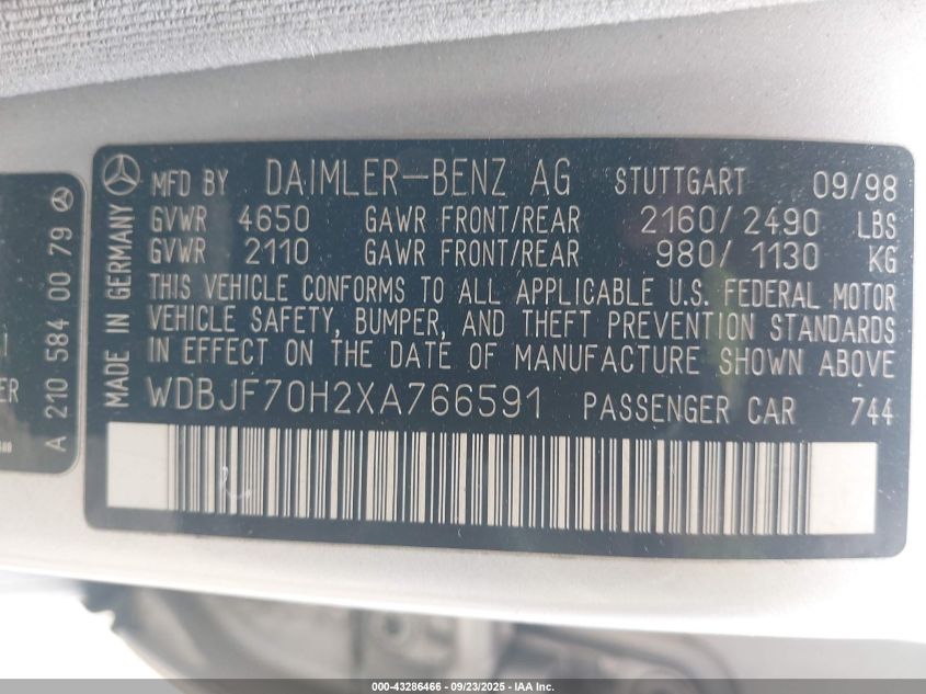 1999 Mercedes-Benz E 430 VIN: WDBJF70H2XA766591 Lot: 43286466