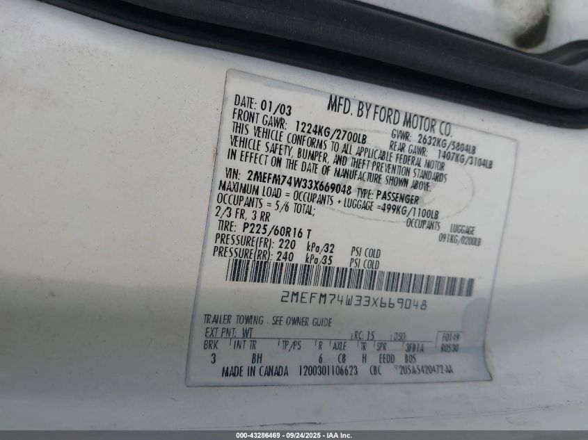 2003 Mercury Grand Marquis Gs VIN: 2MEFM74W33X669048 Lot: 43286469