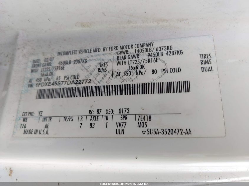 2007 Ford E-450 Cutaway VIN: 1FDXE45S77DA22772 Lot: 43286485
