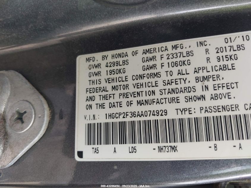 2010 Honda Accord 2.4 Lx VIN: 1HGCP2F36AA074929 Lot: 43286494