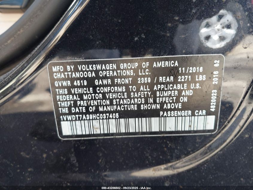 2017 Volkswagen Passat 1.8T R-Line VIN: 1VWDT7A39HC037405 Lot: 43286502