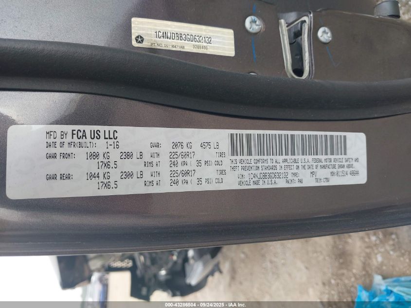 2016 Jeep Compass Sport VIN: 1C4NJDBB3GD632132 Lot: 43286504