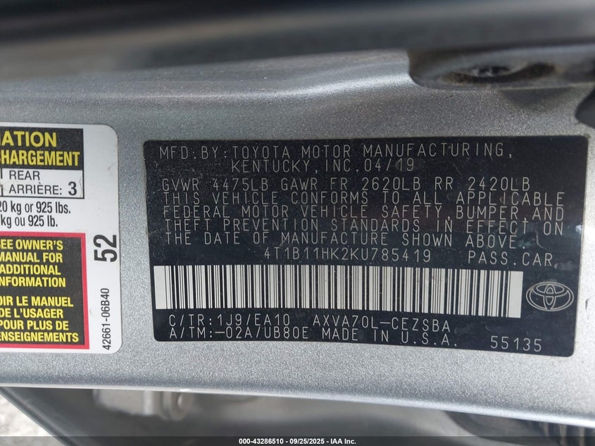 2019 TOYOTA CAMRY SE - 4T1B11HK2KU785419