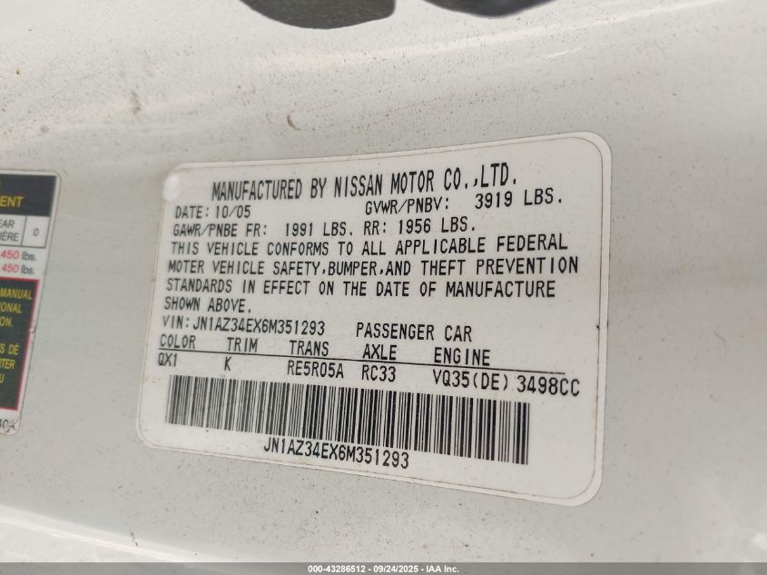 2006 Nissan 350Z Touring VIN: JN1AZ34EX6M351293 Lot: 43286512