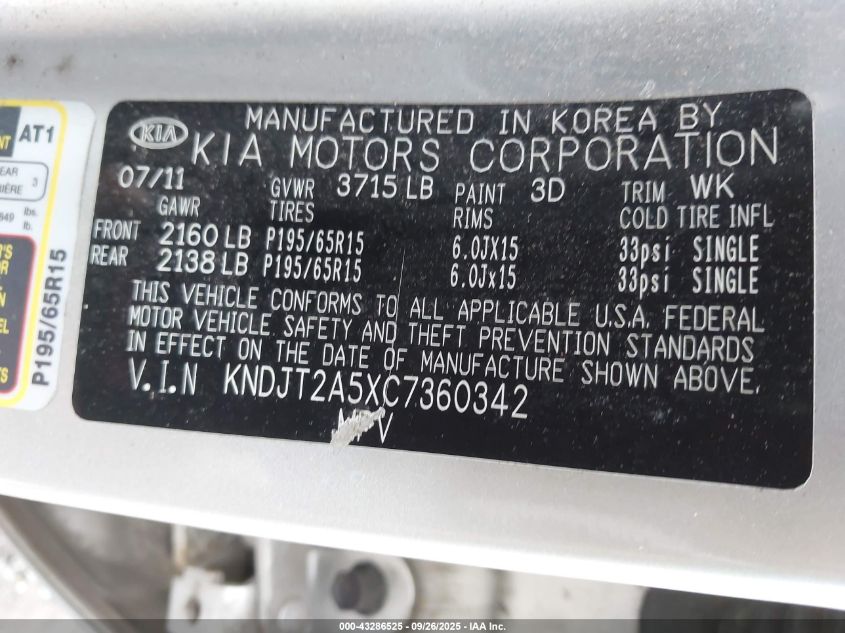 2012 Kia Soul ! VIN: KNDJT2A5XC7360342 Lot: 43286525