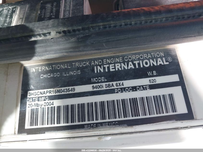 2005 International 9400 9400I VIN: 3HSCNAPR15N043549 Lot: 43286530