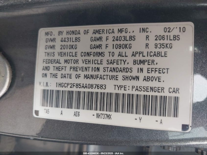 2010 Honda Accord 2.4 Ex-L VIN: 1HGCP2F85AA087683 Lot: 43286536