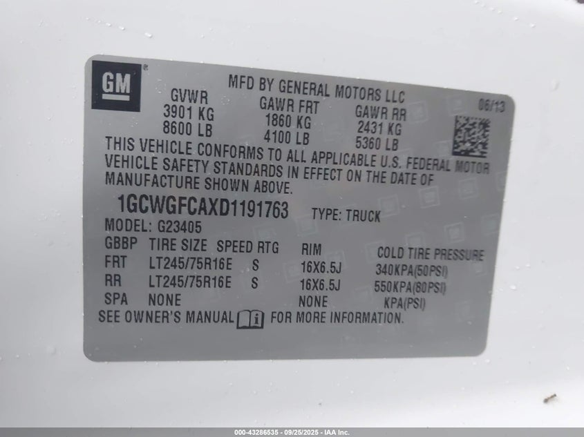 2013 CHEVROLET EXPRESS 2500 WORK VAN - 1GCWGFCAXD1191763