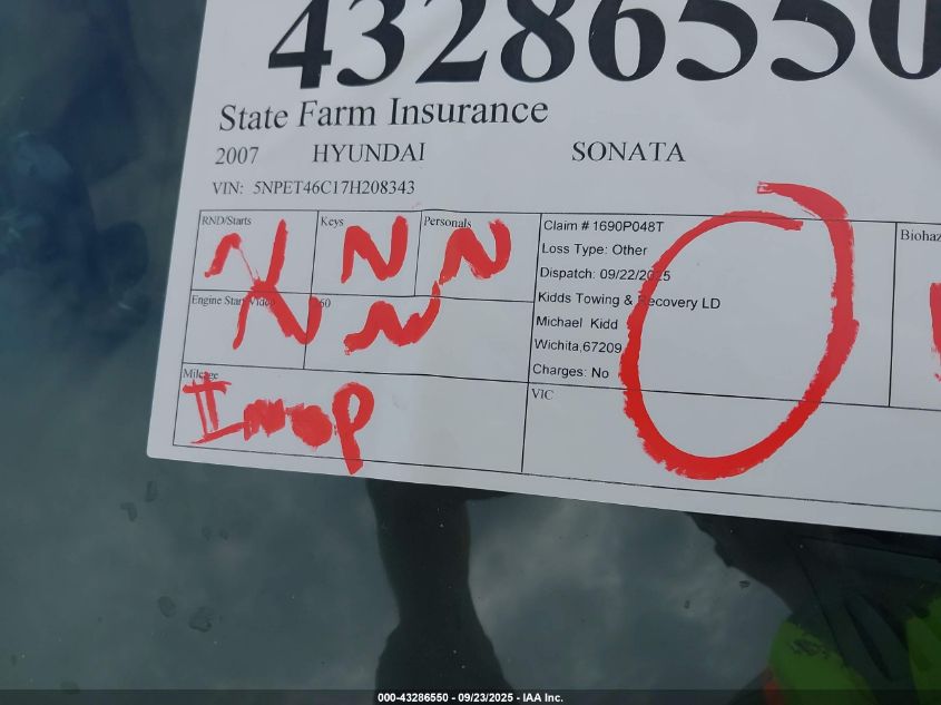 2007 Hyundai Sonata Gls VIN: 5NPET46C17H208343 Lot: 43286550