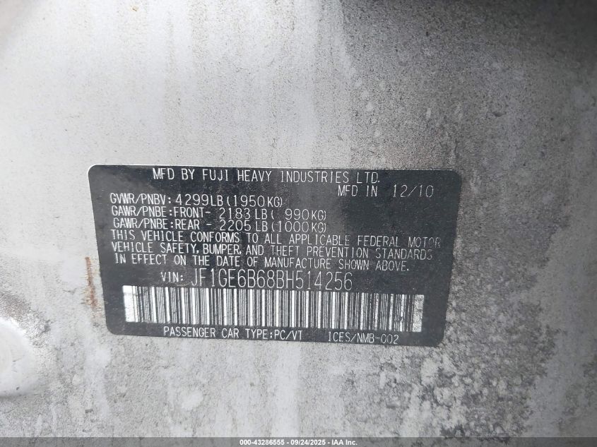 2011 Subaru Impreza 2.5I Premium VIN: JF1GE6B68BH514256 Lot: 43286555