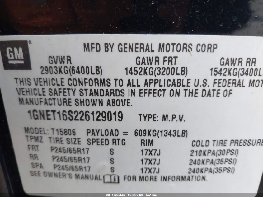 2002 Chevrolet Trailblazer Ext Lt VIN: 1GNET16S226129019 Lot: 43286569