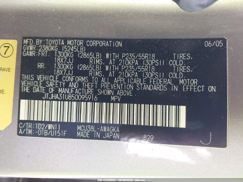 2005 Lexus Rx 330 VIN: JTJHA31U850095916 Lot: 43286583