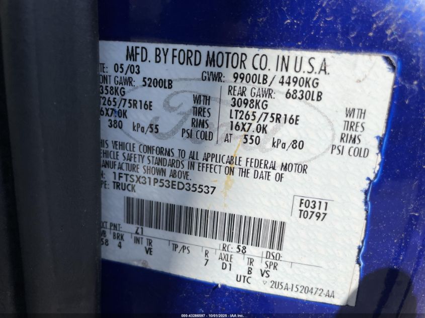 2003 Ford F-350 VIN: 1FTSX31P53ED35537 Lot: 43286597