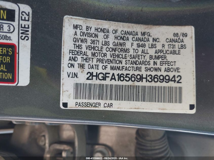 2009 Honda Civic Lx VIN: 2HGFA16569H369942 Lot: 43286602